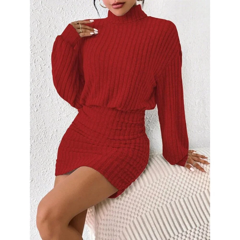 Women Rose Pink Long Sleeve Turtle Neck Cute Ribbed Knit Pullover Sweater Dress - Picture 4 of 5